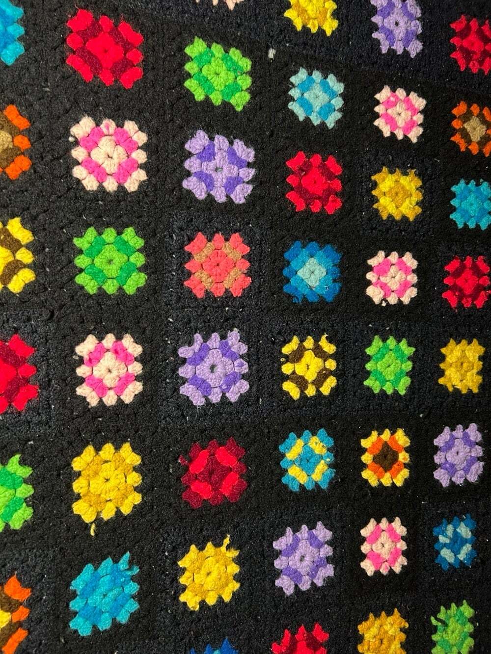 Vintage Black Granny Square Afghan Crochet Blanket “ Rosanne” TVshow style 67x62